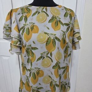 New York & Company Citrus Print Blouse with Ruffle Sleeves